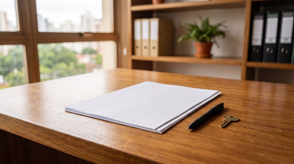 Mesa de escritório com materiais organizados para orientação em inventário