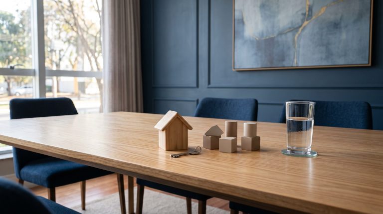 Objetos simbólicos sobre mesa para avaliar desvantagens da holding familiar.