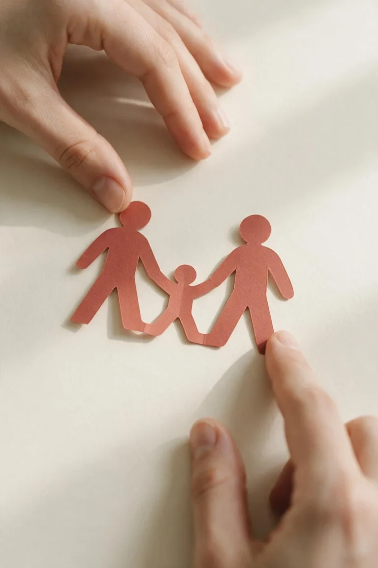 Recorte de papel de uma família de mãos dadas, com duas mãos adultas sustentando as pontas
