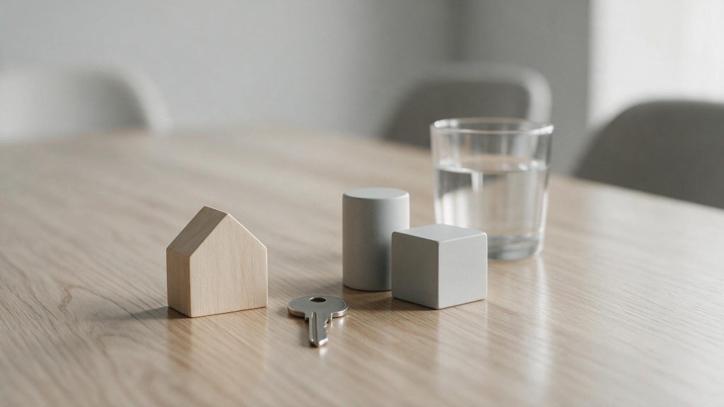 Mesa com objetos simbólicos para holding familiar e planejamento sucessório.
