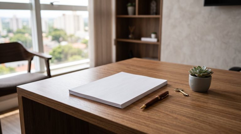 Mesa de escritório organizada para inventário em cartório e partilha de bens