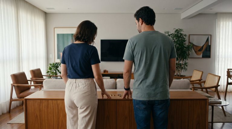 Casal planejando pacto antenupcial e regime de bens antes do casamento