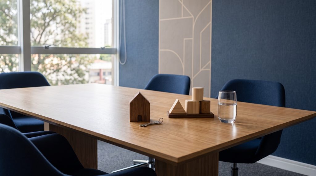 Objetos simbólicos sobre mesa para avaliar vantagens e desvantagens da holding familiar.