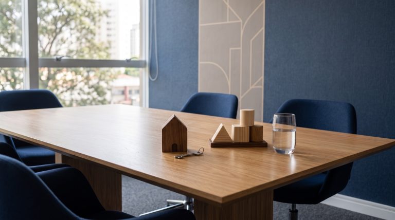 Objetos simbólicos sobre mesa para avaliar vantagens e desvantagens da holding familiar.